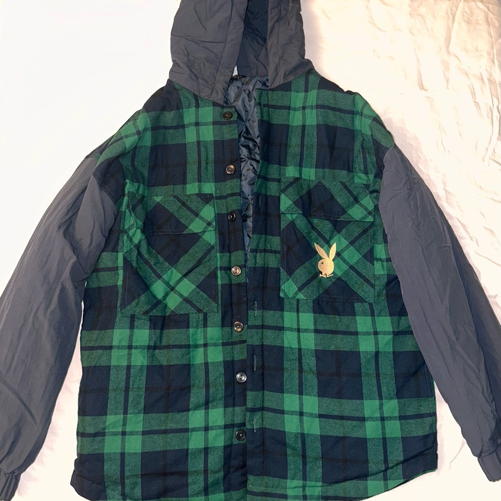 Green and Black Plaid Playboy Hooded Jacket